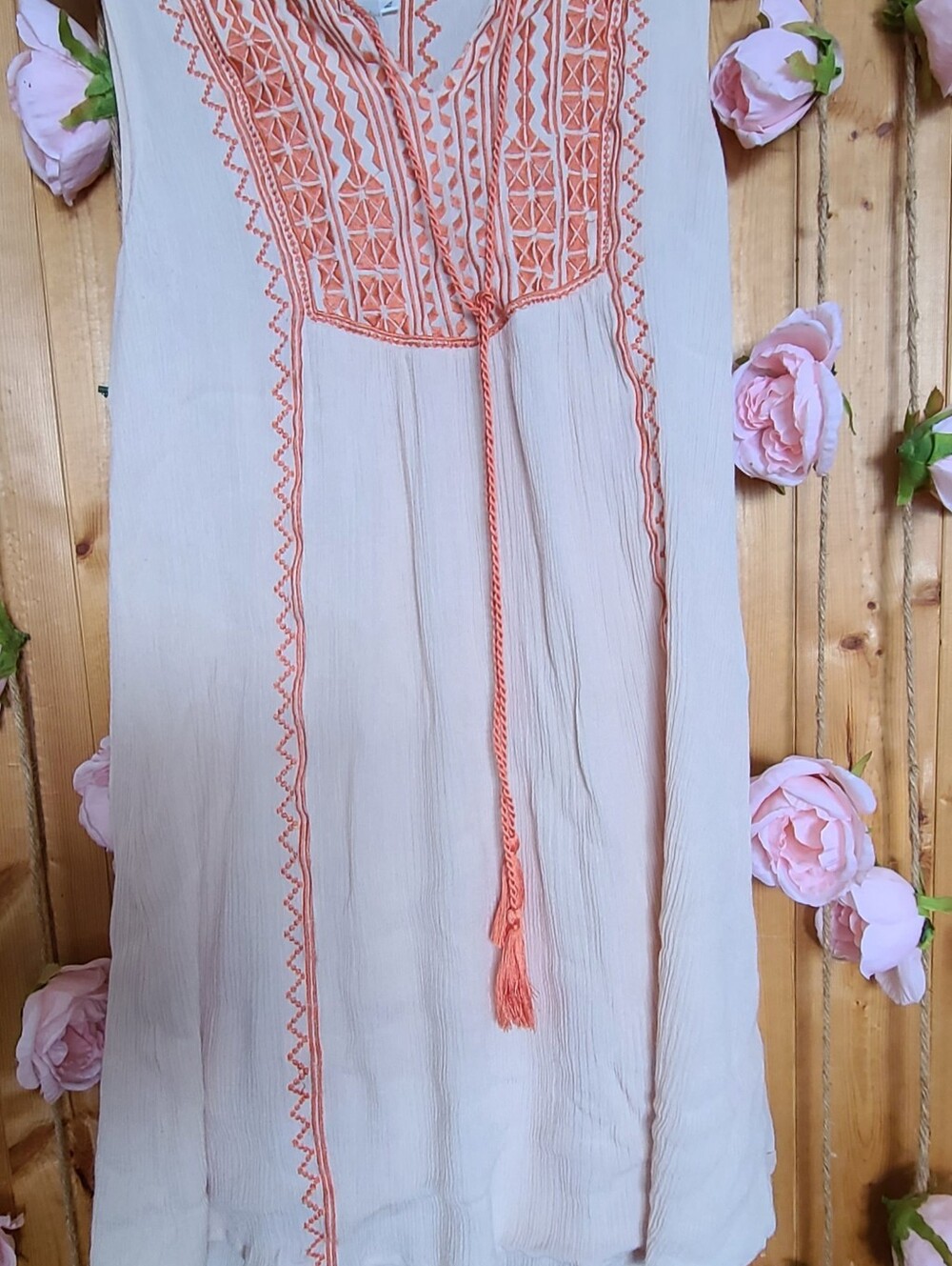 Stradivarius Cream Tunic with Coral Embroidery Mini Dress